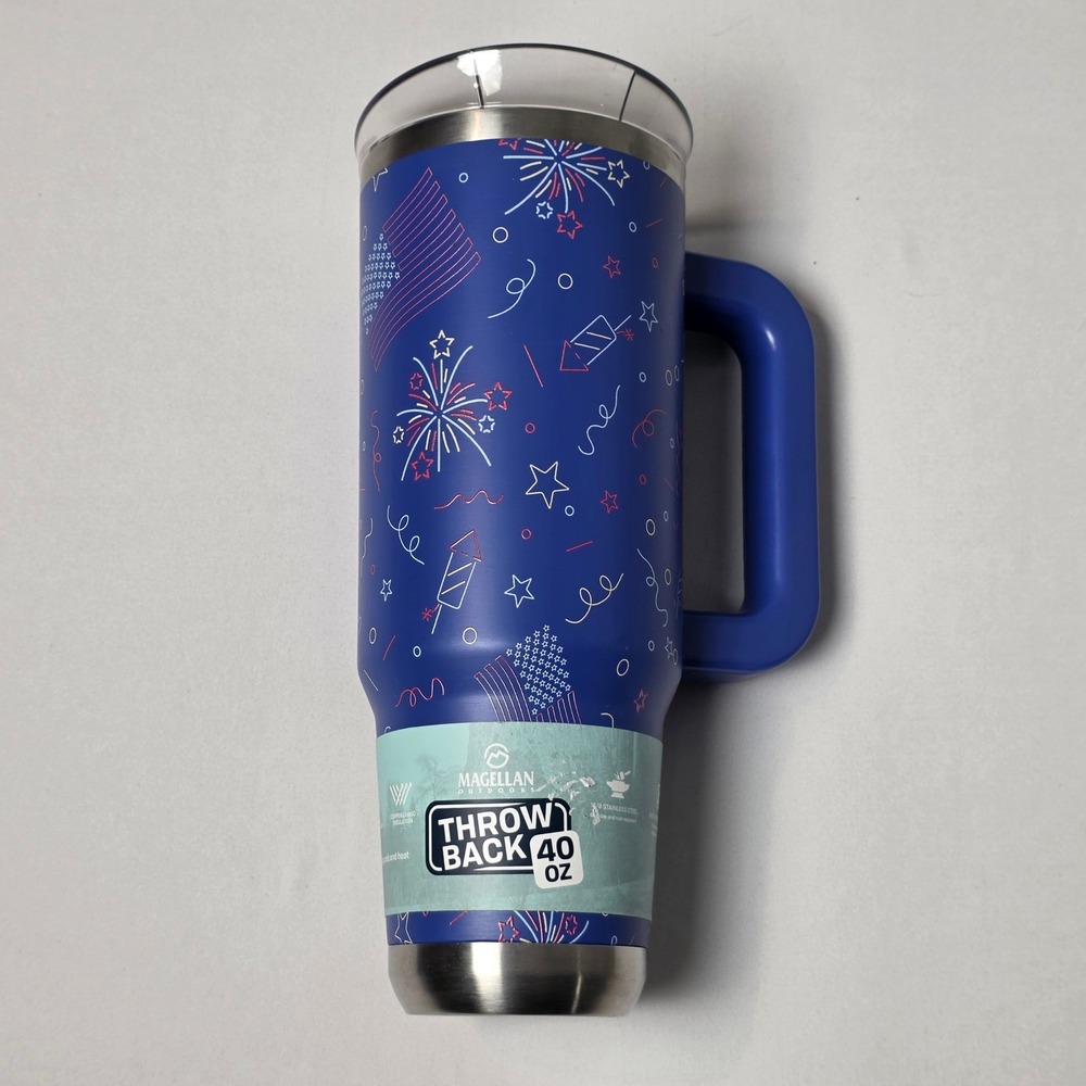 Magellan Outdoors Tumbler 40 oz Blue Patriotic Fireworks Insulated Handle
